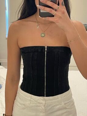 Strapless Black Denim Zip-Front Corset Top